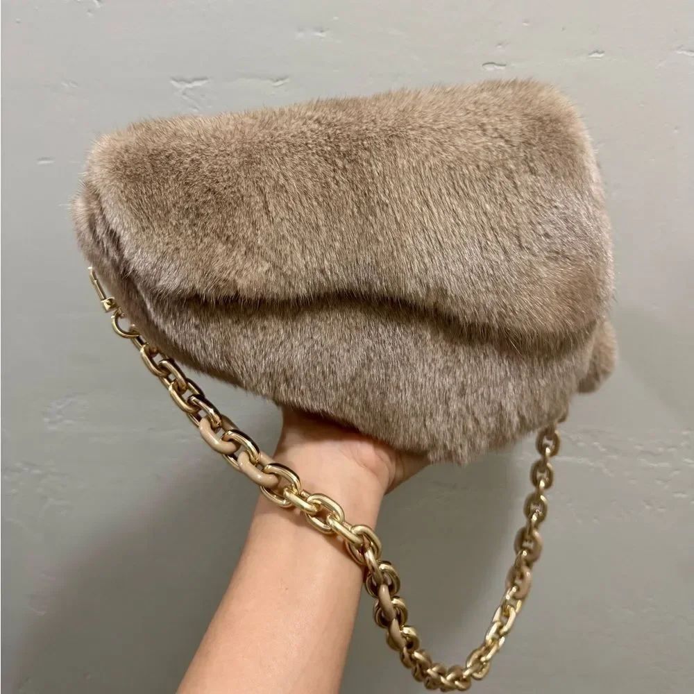 Natural Mink Fur Handmade Asymmetric Saddle Bag/Crossbody & 2 Mink Fur Charm